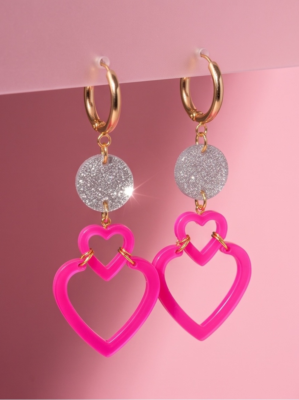 Gold Hoop Earrings with Hot Pink Heart Drops and Silver Glitter Discs